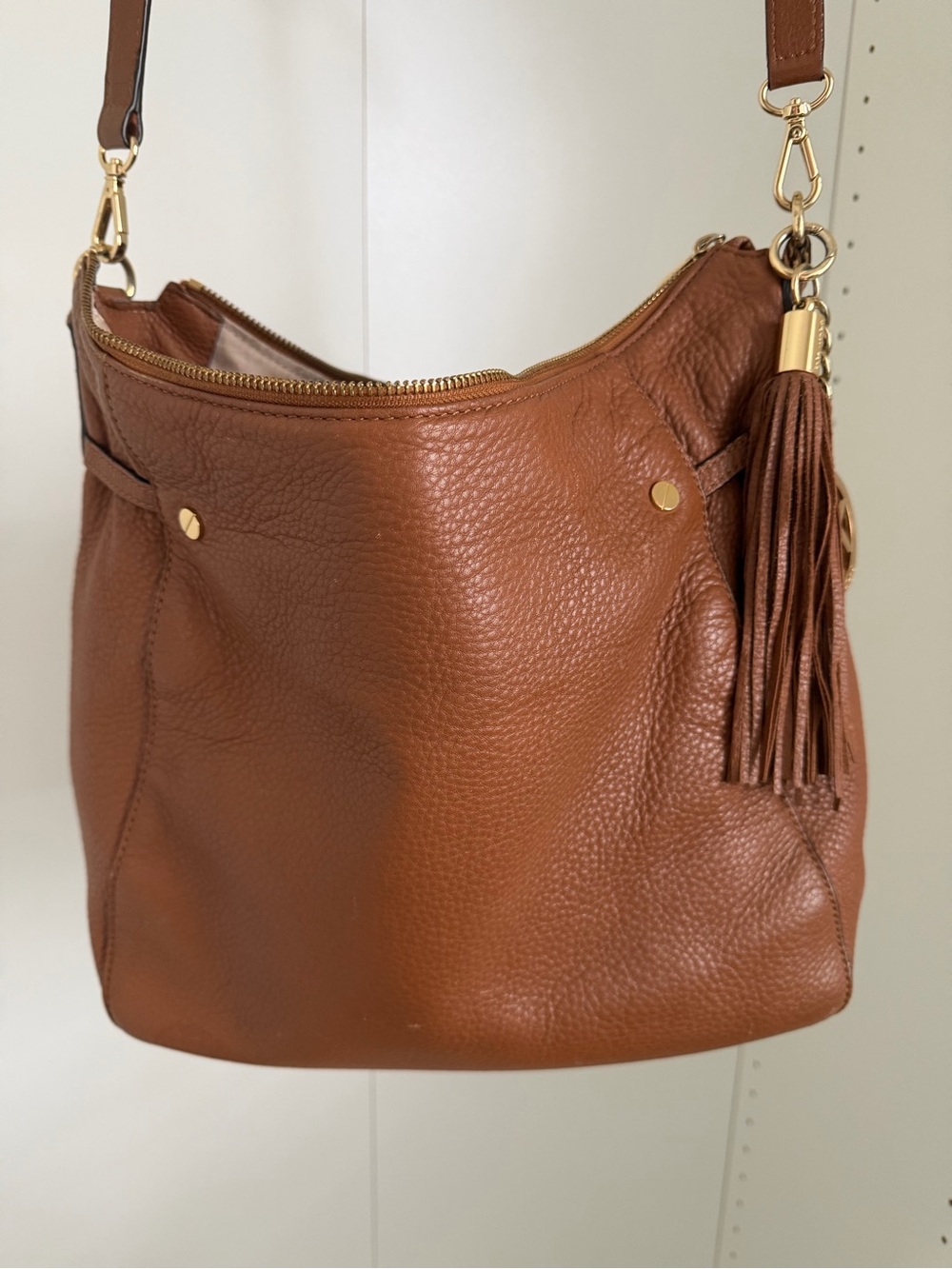 Michael Kors Cognac Pebbled Leather Crossbody Hobo Bag Tassel MK Charm